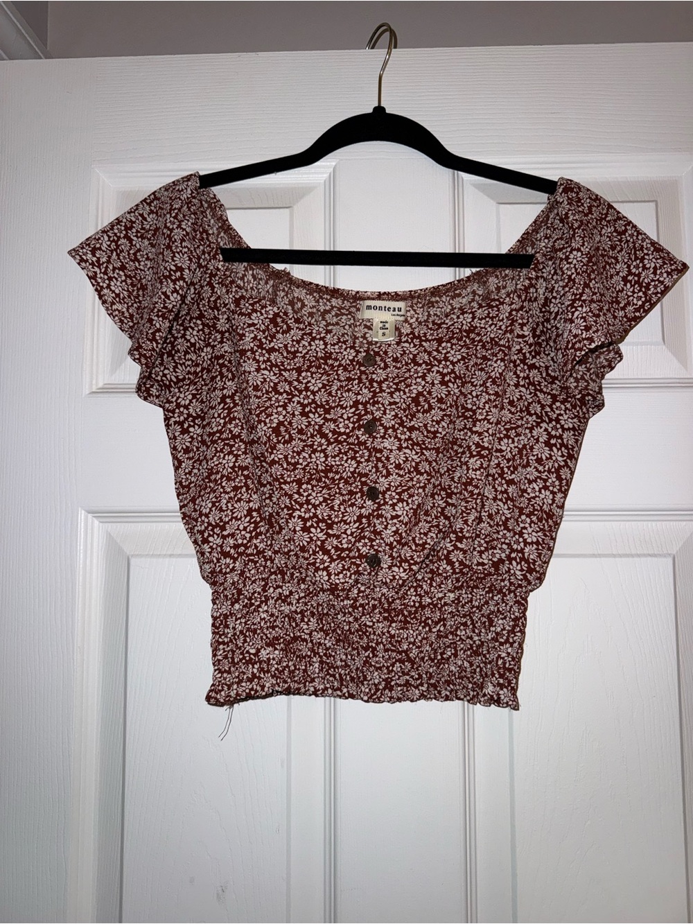 Monteau Brown Floral Smocked Top